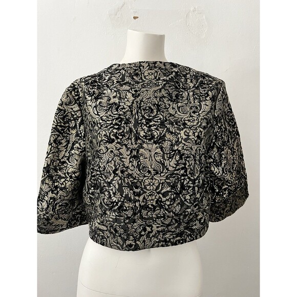 Georgiou floral Jacquard Jacket 10 Cropped 3/4 sleeve zip Black Gold Holiday NYE - Picture 2 of 9